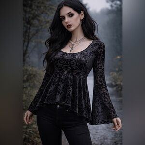 Ultra Pink Black Burnout Velvet Goth Bell Sleeve Babydoll Top Size L Whimsigoth